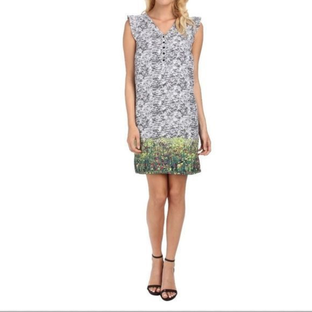 Kensie Garden Overlay Shift Dress | Ruffle Sleeve Floral Hem | Black White XS